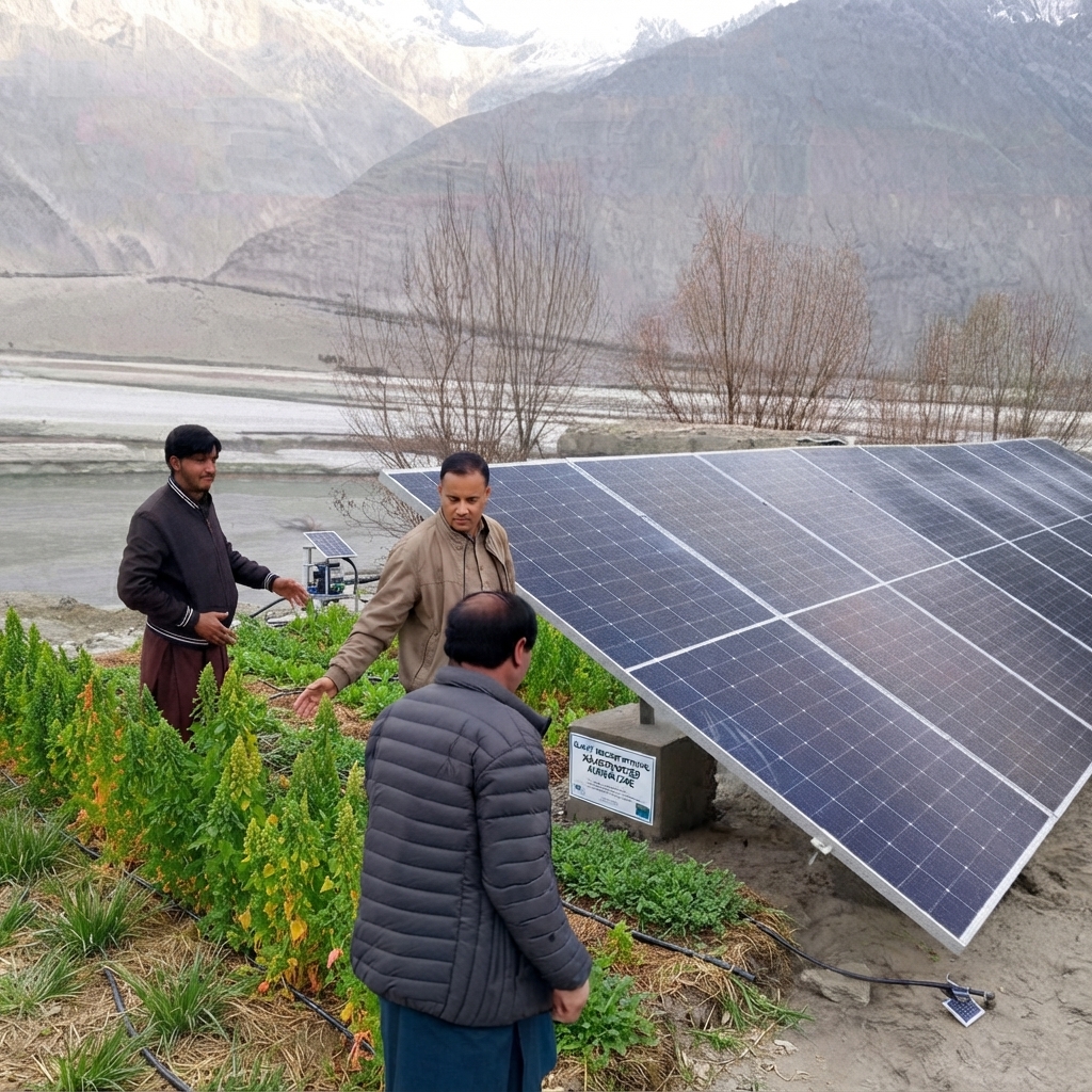 Solar-powered irrigation beside the crop beds
