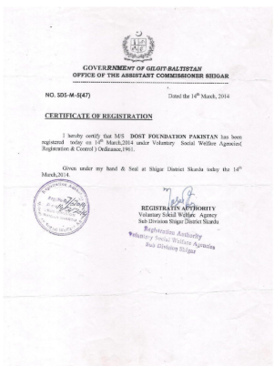 Certificate of Registration issued by Office of the Assistant Commissioner Shigar