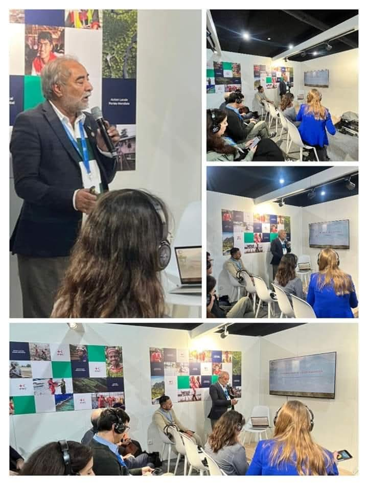Dost Foundation representing Gilgit-Baltistan at the COP29 Climate Change Conference, addressing delegates at the conference booth