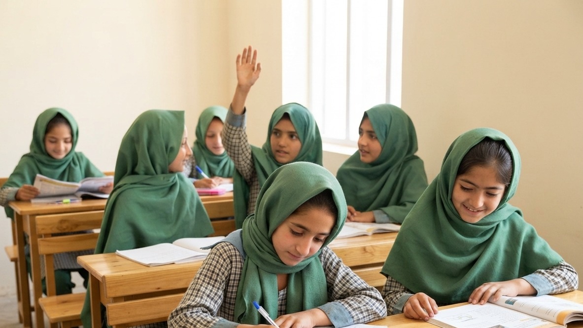 Students at their desks in a DOST school classroom, one girl raising her hand