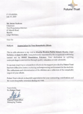 Appreciation for Educational Efforts issued by Future Trust