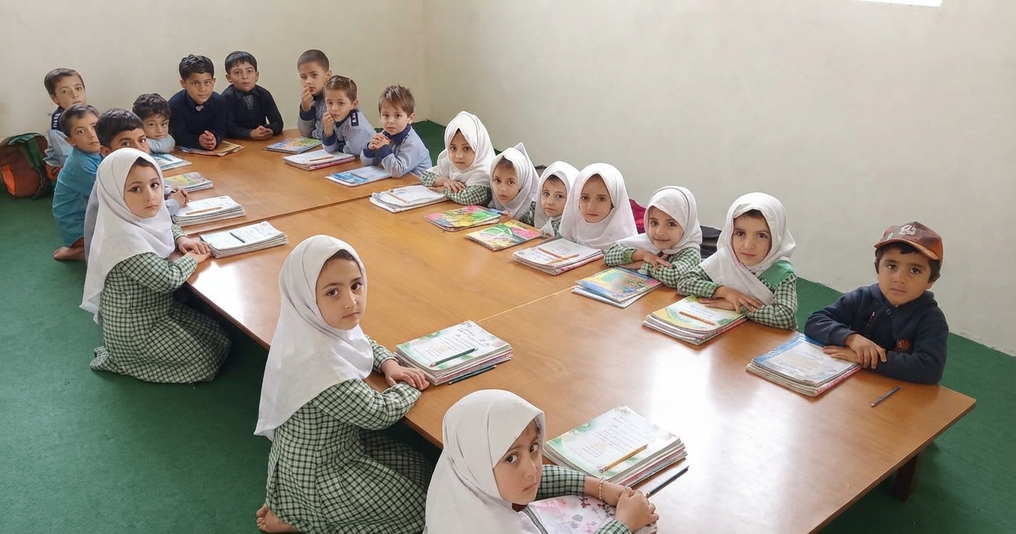 Young students at work around the table