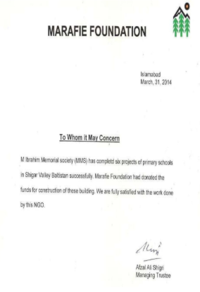 School Project Acknowledgement issued by Marafie Foundation
