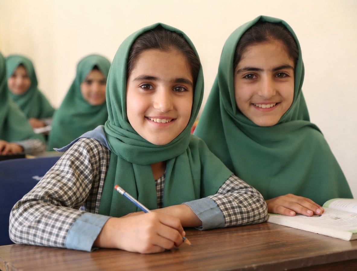 Schoolgirls in green headscarves reading together at a classroom desk