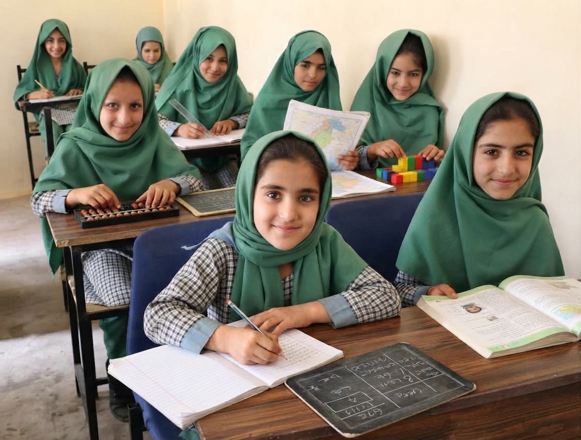 Schoolgirls in green headscarves learning at their desks in a Dost Foundation supported classroom