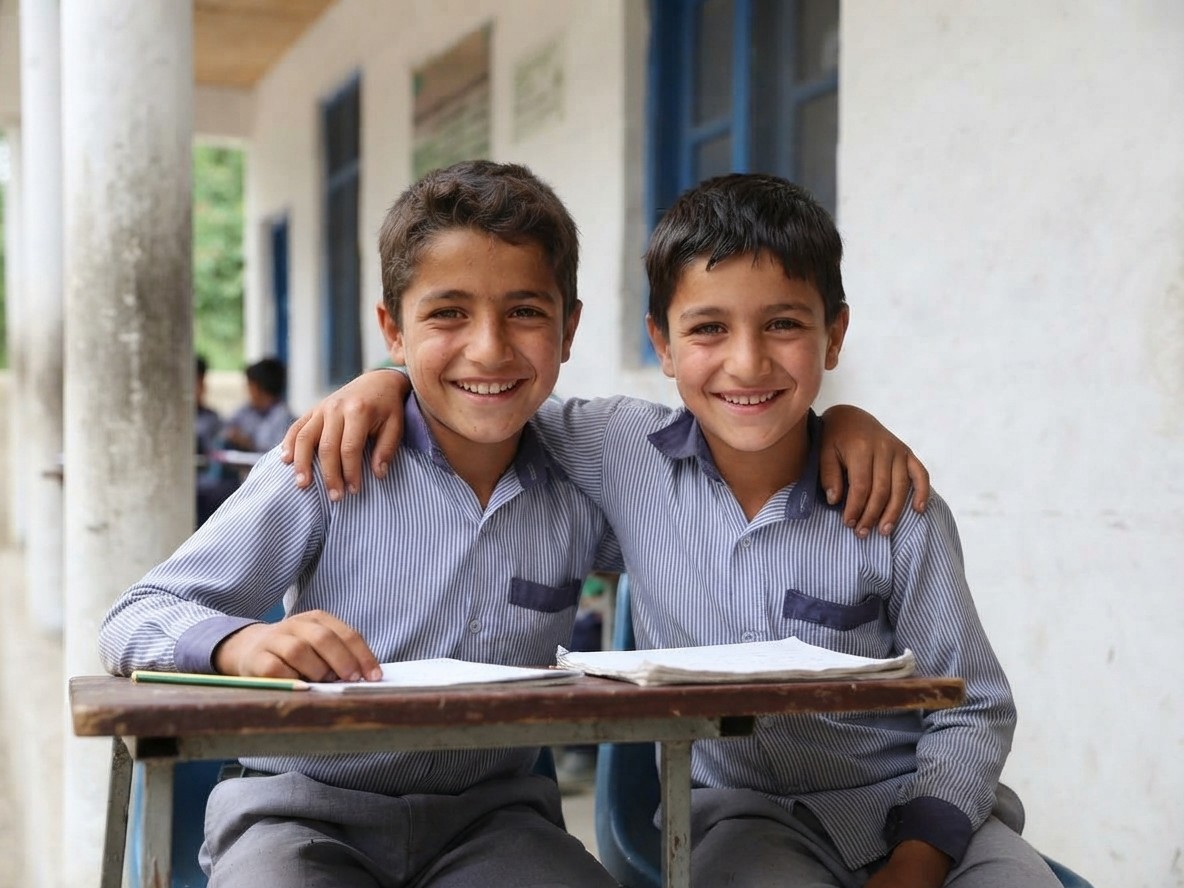 Two schoolboys sitting arm in arm at a desk in a school corridor